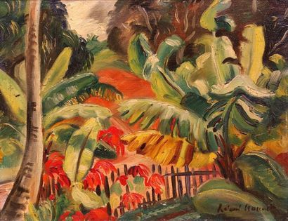 null Roland MASCART (1909- ?) Végétation tropicale à la barrière, 1930. Huile sur...