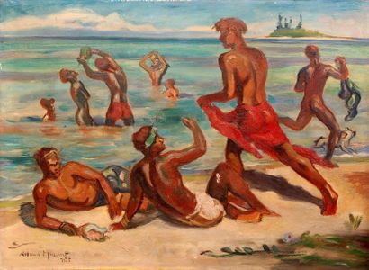 null Roland MASCART (1909- ?) La plage canaque, Iles Layalty, 1934-35. Huile sur...