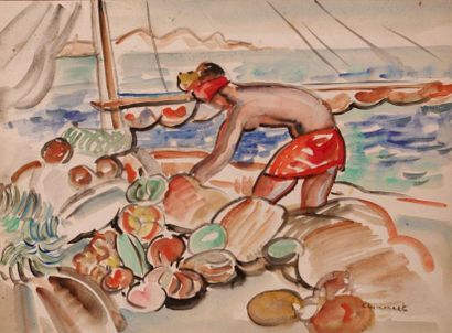 null Roland MASCART (1909- ? ) Le marchand de fruits au port de Nouméa, 1930. Aquarelle...
