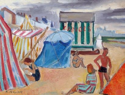 null Roland MASCART (1909- ? ) La plage, Les Sables d'Olonne, 1946. Huile sur isorel...