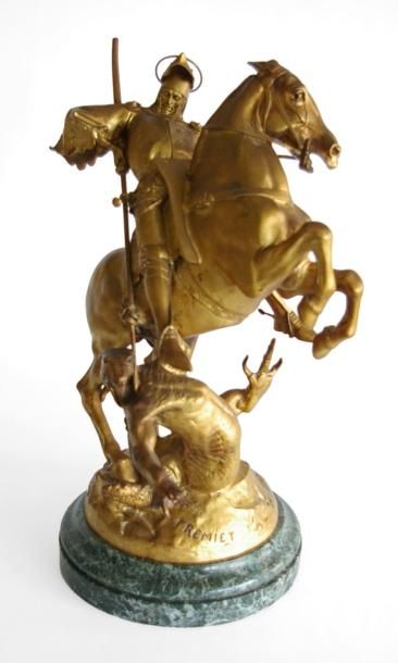 null Emmanuel FRÉMIET (1824-1910) Saint Georges terrassant le dragon. Bronze à patine...