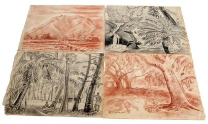 null Roland MASCART (1909-?) Quatre paysages. Deux sanguines et deux fusains signés....