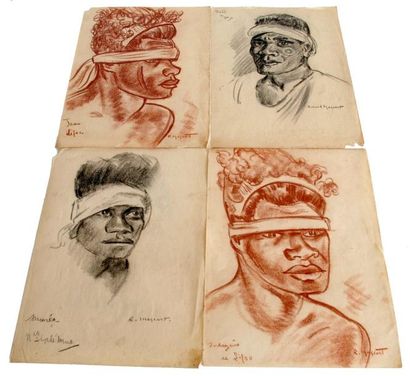 null Roland MASCART (1909-?) Quatre portraits d'hommes. Deux sanguines et deux fusains...