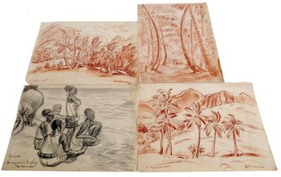 null Roland MASCART (1909-?) Groupe de canaques sur la plage et trois paysages. U...