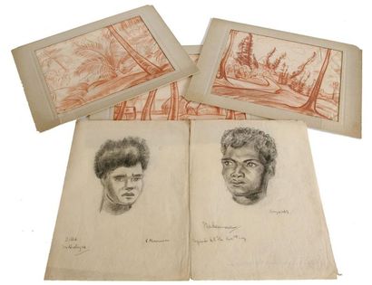 null Roland MASCART (1909-?) Trois paysages Trois sanguines et deux fusains signés....