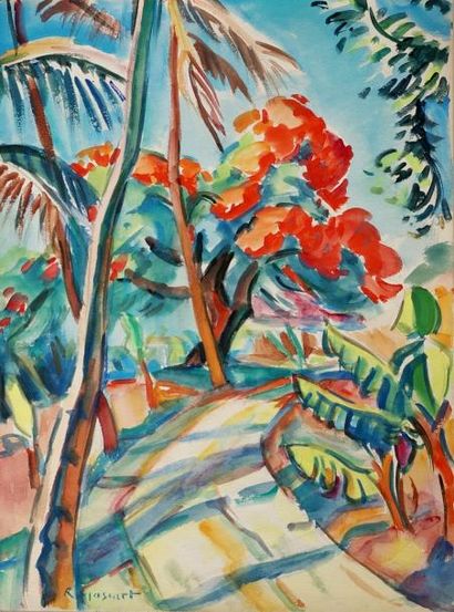 null Roland MASCART (1909-?) Flamboyant en fleurs, Nouméa. Aquarelle signée en bas...