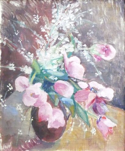 null Ecole française XXe. Bouquet de tulipes roses. Huile sur toile 61 x 50 cm.