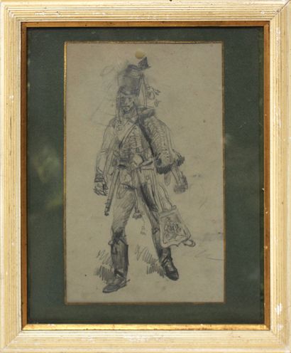 null Maurice Henri ORANGE (1868-1916) (Attribué à). Hussard à pied. Dessin portant...