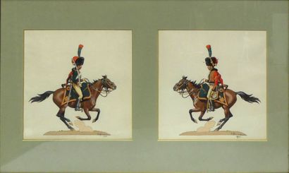 null I. ROUSSELOT, XXe. Grognard à cheval et soldat debout. Deux aquarelles sous...