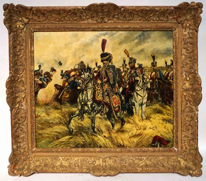 null MARFAING, XXe Hussards sur le champ de bataille. Huile sur toile. 60 ? 73 c...