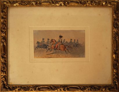 null Theodore FORT (1810-1896). Charge de cavalerie. Aquarelle signée en bas à gauche....