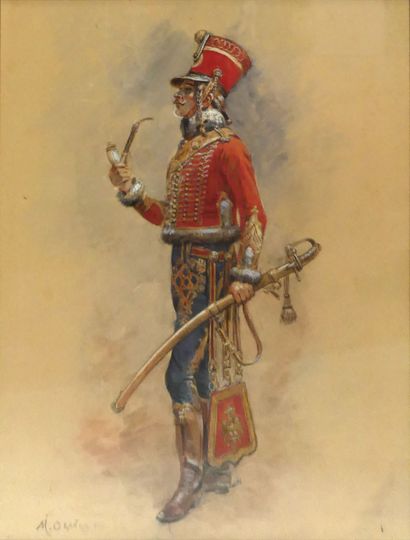 null 
Maurice Henri ORANGE (1868-1916) Hussard fumant la pipe. Aquarelle signé et...