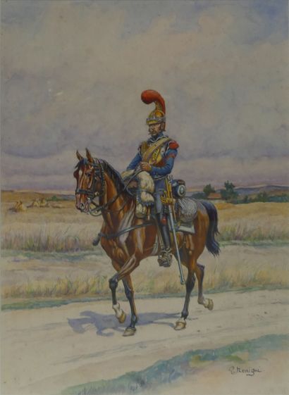 null P. MENIGNI XIXe-XXe. Carabinier du 1er régiment, tenue de campagne en surtout,1813....