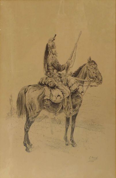 null Etienne DUVAL (1824-1914) (att. à) Soldat de l'Empire à cheval. Encre signée...