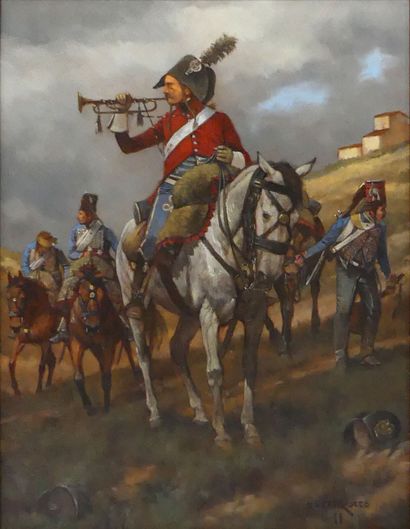 null Keith ROCCO, XXe. Soldats à cheval jouant de la trompette. Huile sur isorel...