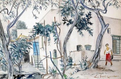 null *Leonid Romanovitch SOLOGOUB (1884-1956) Femme dans une cour arborée, Capri....