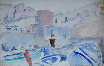 null *Leonid Romanovitch SOLOGOUB (1884-1956) Jeunes enfants parmi les barques. Aquarelle...