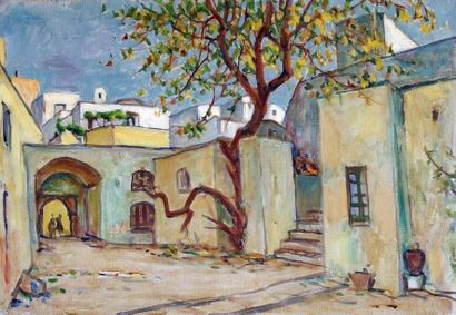 null *Leonid Romanovitch SOLOGOUB (1884-1956).. La cour ombragée. Huile sur toile...