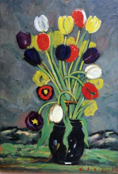 null *Leonid Romanovitch SOLOGOUB (1884-1956) Tulipes.Huile sur carton signée en...