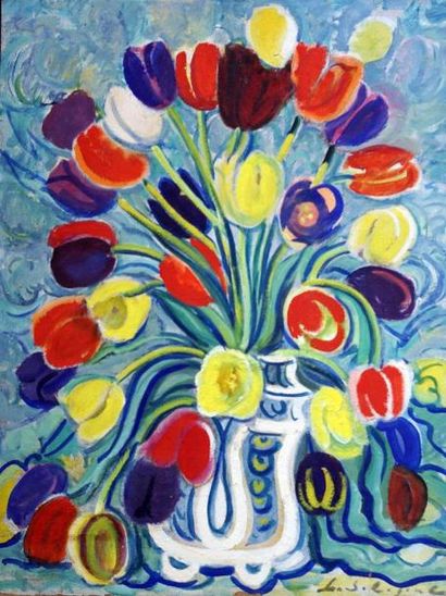 null *Leonid Romanovitch SOLOGOUB (1884-1956) Tulipes sur fond bleu. Huile sur carton...