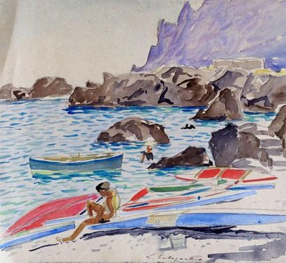 null *Leonid Romanovitch SOLOGOUB (1884-1956). Garçonnets et barque sur la plage,...