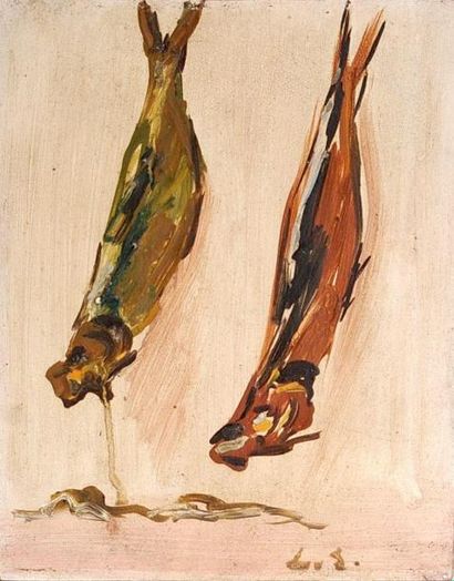null *Leonid Romanovitch SOLOGOUB (1884-1956). Détail n°73, étude de poisson. Huile...