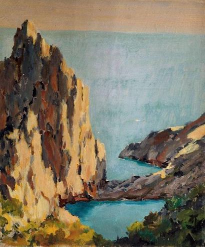 null *Leonid Romanovitch SOLOGOUB (1884-1956). Capri, falaises. Huile sur carton,...