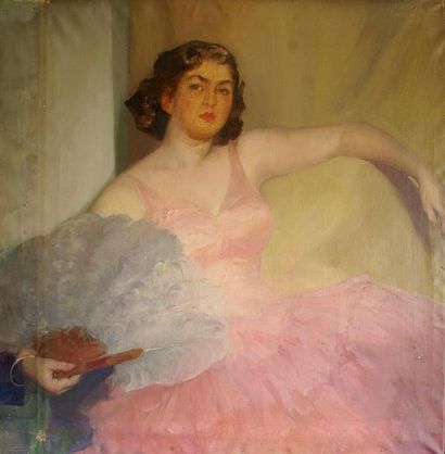 null *Leonid Romanovitch SOLOGOUB (1884-1956). Attribué à. Elégante à la robe rose...