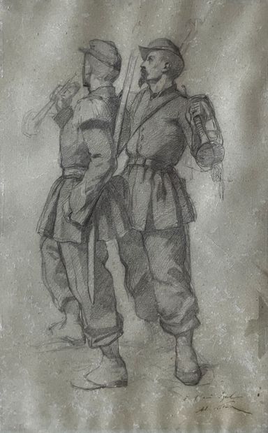 null Ecole française fin XIXe. Deux militaires. Fusain sur papier bleu portant une...