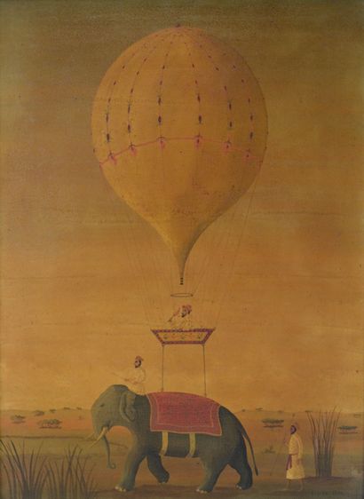 null Julien MENU (XX) Maharadja, elephant and hot air balloon. Oil on canvas igneous...