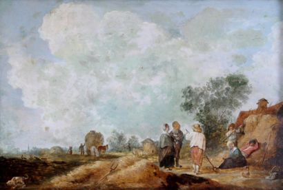 null Charles ESCHARD (1748-1810) Halte en campagne. Huile sur panneau parqueté. (Restauration)....