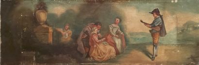 null Ecole française fin XIXe Fête galante dans le goût de Watteau. Huile sur carton....