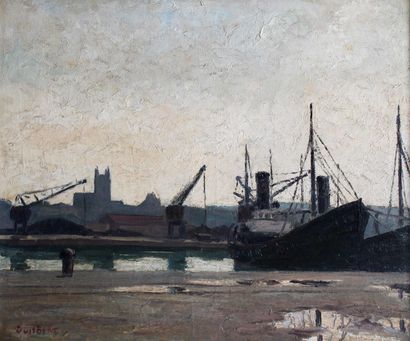 null Narcisse GUILBERT (1878-1942) Fishing boats in the port of Fécamp. Oil on canvas...