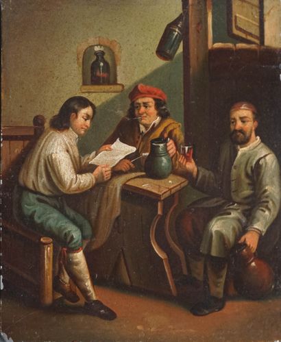 null Ecole hollandaise XIXe dans le goût TENIERS. Scène de taverne. Huile sur cuivre....