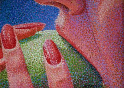 null Serge MENDJISKY (1929-2017) Apple (The artist's wife biting an apple). Oil on...