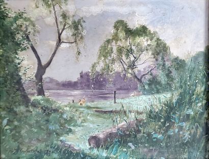 null Eugène Alfred AUTHIAT (XIXe) Swans at the edge of the pond. Oil on panel signed...