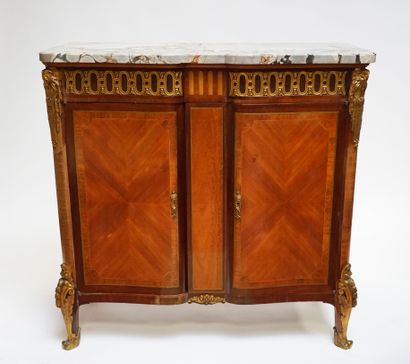 null WOODEN VENEER BUFFET opening by two slightly moved doors with inlaid decoration...