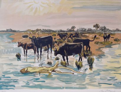 null Yves BRAYER (1907-1990) Bulls at the water point. Lithograph in colors signed...