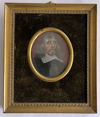 null Ecole française XIXe dans le goût du XVIIe. Portrait d'homme à la croix. Miniature...