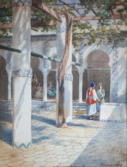 null David DE NOTER (1818-1892) Harem ombragé. Aquarelle signée en bas à droite....