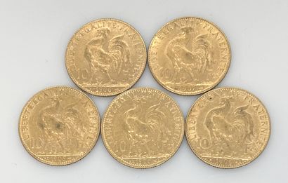 CINQ PIECES de 10 francs or 1905 (2), 1906...