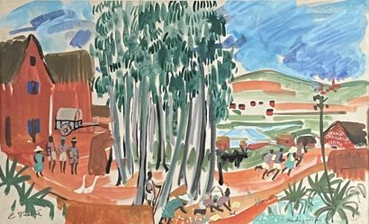 null Elisabeth FAURE (1906-1964) Le village, aquarelle signée en bas à gauche et...
