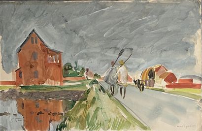 null Elisabeth FAURE (1906-1964) La route au bord de l'eau, Aquarelle signée en bas...