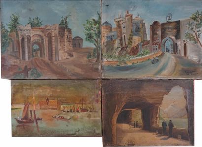 Quatre huiles sur toiles figurant des paysages...