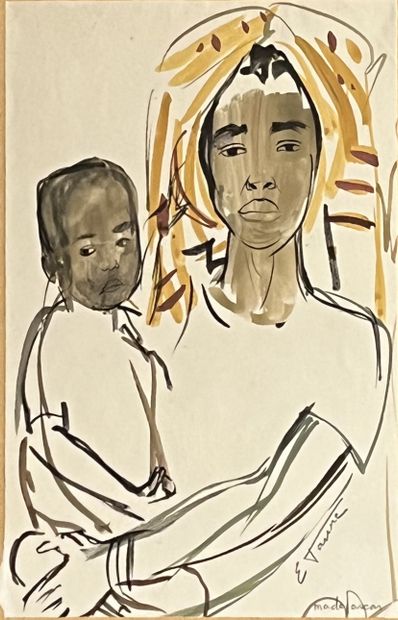 null Elisabeth FAURE (1906-1964) La mère et l'enfant, aquarelle signée en bas à gauche...
