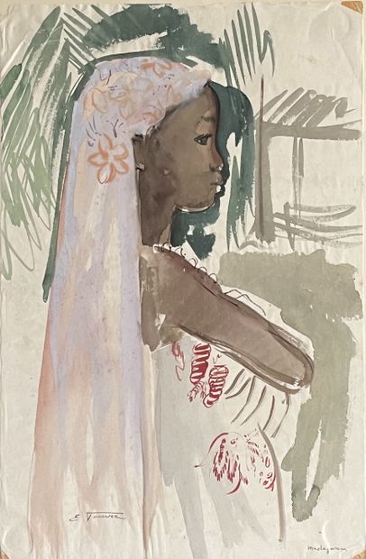 null Elisabeth FAURE (1906-1964) Jeune fille au voile fleuri, aquarelle signée en...