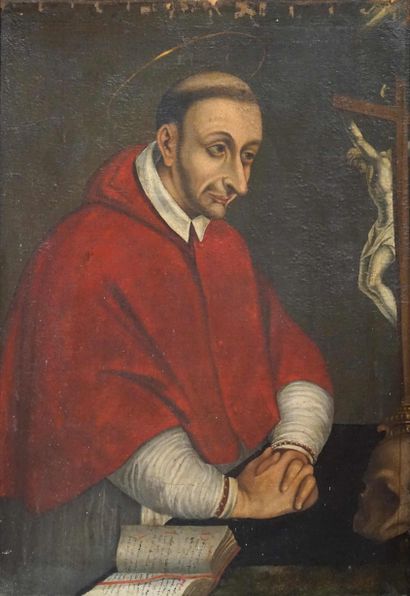null Annibale Carracci 1560-1609 (d'après). Saint Charles Boromée. Huile sur carton...