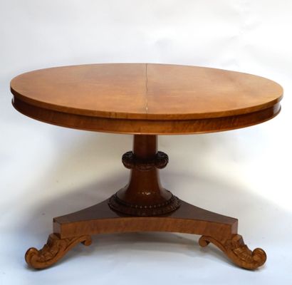 null Round table in burl and light wood, the base with gadroons finished in volutes....