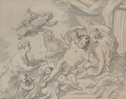 null Adrien MANGLARD (1695-1760). Le repos des dieux. Dessin à la plume, et lavis...