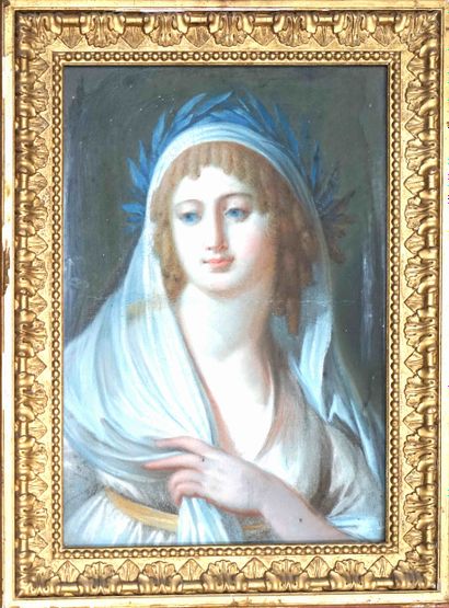 null French school XIXth. Portrait of a woman with a laurel crown. Pastel (traces...